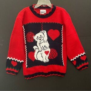 Basic Editions Girl’s Sweater Acrylic Yarn Cat Heart Yarn Ball Vintage Winter